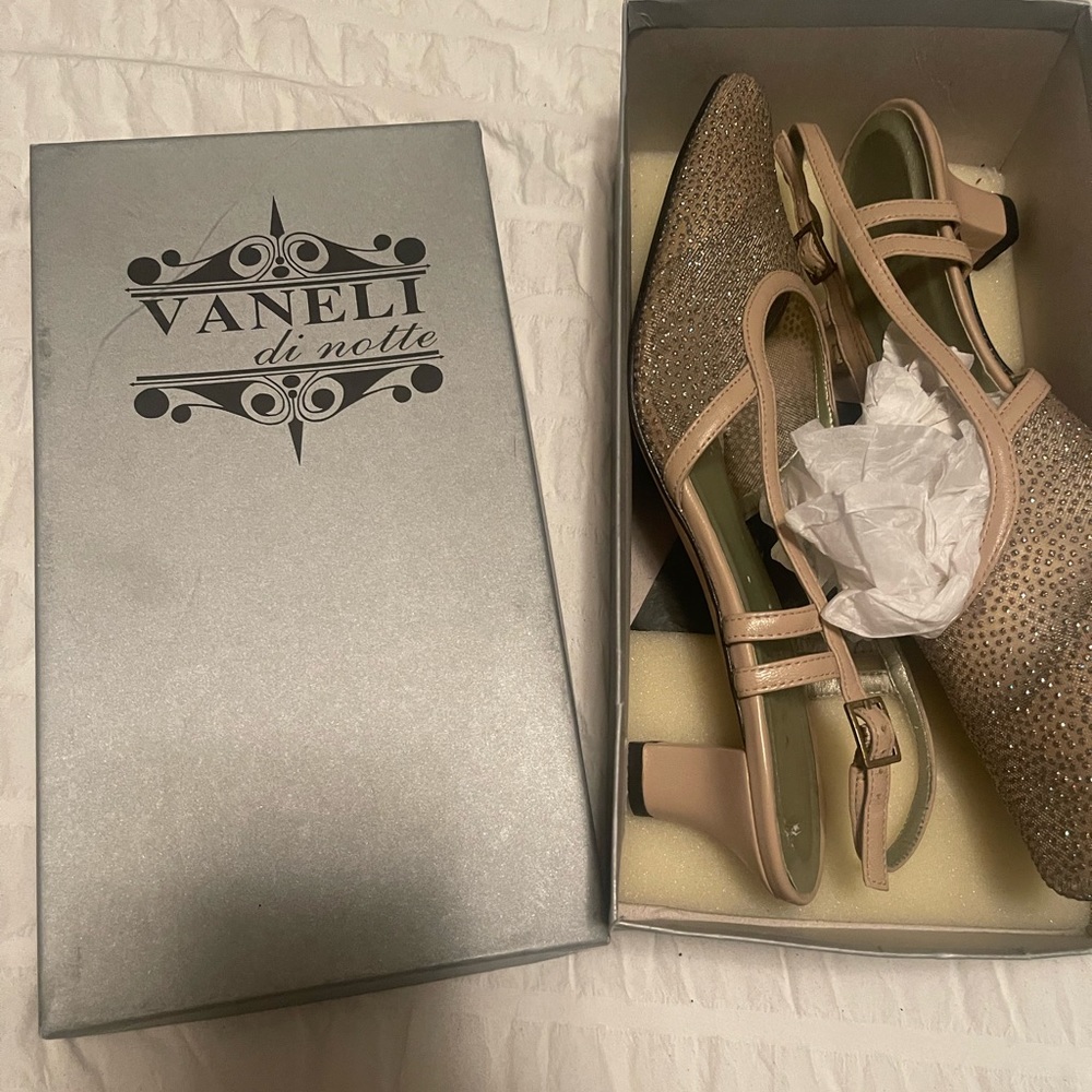 tan/ beige with rhinestones sling back shoes. Vaneli di notte Nordstroms.